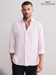 Light Pink Regular Fit 100% Linen Long Sleeve Shirt (AL0328) | $100
