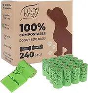 Eco Basics 100% Compostable Dog Poo Bags, 16 Rolls 240 Count, OK Compost Certified Thick Leak Proof Dog Waste Poo Bags 22 x 33 cm, Unscented Doggy Poop Bag