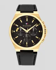 [Tommy Hilfiger] Tommy Hilfiger Men's Dexter Leather Watch in Gold/Black One Size Gold/Black