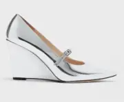 Theory Women's Mary Jane Wedge Metallic Leather Pumps 37 NIB 498 Silver