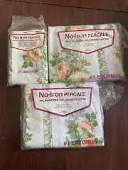 VTG #1 Seconds Percale Twin Fitted Sheets 2 Pillow Cases Floral Stripe Orange