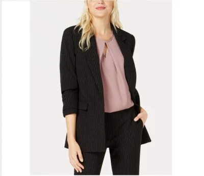 Bar III Womens S Black White Notched Collar Open Front Pinstripe Blazer NEW