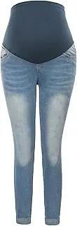 [Maacie] Maternity Trousers Long Elastic Jeans for Pregnancy Comfortable Jeans Spring Summer, Light Blue with Rolled hems, S
