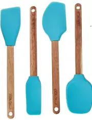 Pioneer Woman Acacia Wood Silicone Spatula Spoonula Scraper Turquoise Teal FOUR