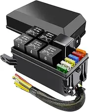 12V Fuse and Relay Box Pre-Wired, 6 Relay Slots and 6 ATC/ATO Fuse Holder, with 6 Fuses and 5 5-Pin JD1914 Relay and 1 4-Pin RTT7121 Relay, Relay Fuse Block for Car Truck Trailer Boat