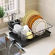 Fiabgum Dish Drying Rack- Space-Saving Dish Rack, Dish Racks for Kitchen Counter, Durable Stainless Steel Kitchen Drying Rack with a Cutlery Holder, Black