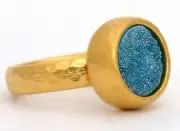 Hammered Yellow Gold 24K Plated Ring w Turquoise Druzy Agate Stone Sz 8