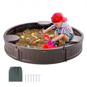VEVOR Sandbox with Cover, 47.2 x 9.1 in Round Sand Box, HDPE Sand Pit with 3 Corner Seating and Bottom Liner, Kids Sandbox for Outdoor Backyard, Beach