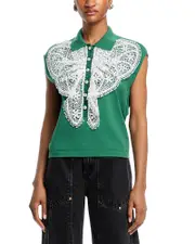 Essentiel Antwerp Lace Embellished Knit Polo Top