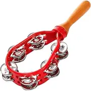 Tambourine For Adults - Metal Jingles Hand Held Percussion With Wooden Handle, Double Row Of Bells Handheld Tambourine For Beginner, Church - Red