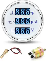 ARTILAURA Triple Gauge Set 3in1 (Oil Pressure+ Water Temperature + Voltmeter) 2" 52mm Blue Backlight AUTO Boat Gauge Kit with Sensor (White)