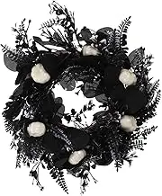 Kichvoe Gothic Halloween Wreath with Fish Tail Eucalyptus Leaves and Pumpkin Spooky Home Decor for Front Door Hanging Decoration for Fall Celebrations