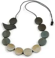 [Avalaya] Grey/Metallic Silver Wooden Coin Beaded Necklace, Bird Black Cotton Cord Long/ 96cm Max Length/Adjustable, cords Wood