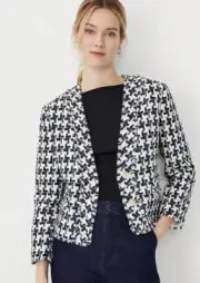 NWT ANN TAYLOR CROP HOUNDSTOOTH TWEED TRIMMED PATCH POCKET JACKET SZ 0