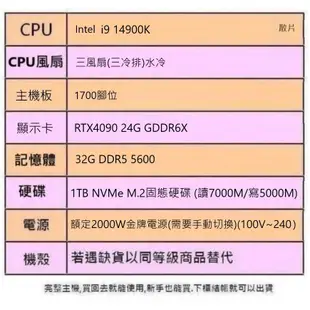 頂級型電腦 14代 i9 14900K處理器 RTX4090顯卡 32G記憶體 1TB NVMe 固態硬碟