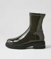 New Mollini Alove Dark Olive Stretch Patent Pu Ankle Boots Womens Shoes Casual