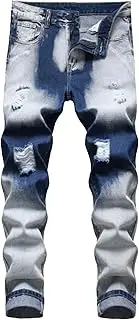 [Zylphorix] Men Distressed Straight Slim Ripped Jeans Mid Rise Skinny Daily Denim Pants Y2K Classic Regular Fit Trousers, Light Blue, 34