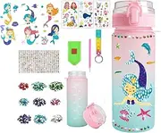DIY Water Bottle Craft Kit with Mermaid Design, 600ml Bottle, Glitter Stickers, Temporary Tattoos and Keychain, Portable Art Set, Best Birthday for 4 6 8 12 Year Old Girls