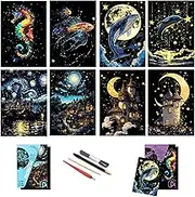 Rainbow Scratch Painting Paper, 8 Sheets of Glow in The Dark Rainbow Scratch Paper with 4 Tools and Wooden Pen, DIY Glow in The Dark Crafts for Teens and Adults(Seahorses&Citiy)-DESINIK