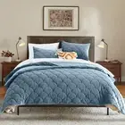 Velvet Quilt Set King Size, Light Blue Luxury Velvet Comforter Set 3 Pieces S...