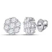 14k White Gold Round Diamond Flower Cluster Earrings 2 Cttw