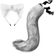 [KQIVEN] Cat Ears and Wolf Fox Animal Tail Cosplay Costume Faux Fur Hair Clip Headdress Halloween Set(Light Gray)