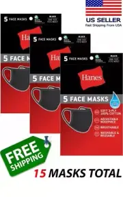 Hanes 100% Cotton Fabric Reusable Face Mask Washable Comfortable 15 Masks BLACK