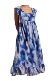 NEW BANANA REPUBLIC Blue White Chiffon DRESS L Ruffle Maxi DEEP WATER Tie Back L