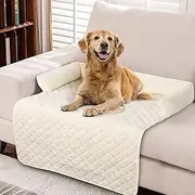 Pet Couch Bed, Soft Plush Cat & Dog Couch Bed with Pillow, Anti-Slip Back, Waterproof, Large (Beige)