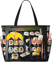 [Ghjkfbf] Sushi Pattern Print Large Capacity Beach Travel Bag For Family, Beach Tote Bag For Women With Zipper Pockets, Black, One Size