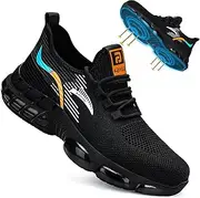 [BAIYIJIA] Steel Toe Shoes for Men No Slip Work Shoes Air Cushion Construction Industrial Shoes Safety Shoes Lightweight Steel Toe Sneakers for Men
