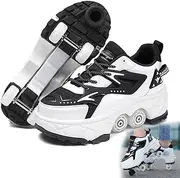 [AMMFIT] Deformation Roller Shoes Quad Roller Skates with Brake, Shoes with Wheels for Kids and Adults Sports Outdoors Technical Skateboarding Shoe,White2-10