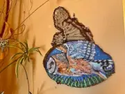 Flying Barn Owl Handmade Wall Hanging: painted wood slice with macrame wing hang