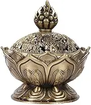 Incense , Bronze Antique Chinese Asian Style Lotus Flower Incense Pot Backflow Smoke Incense Stick Cone Holder Zen Buddha Buddhist Meditation Decor Gift Set(2#)