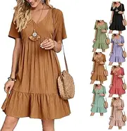 [Generic] Retro V-Neck Women's Clothing, Summer A Line Baby Doll Dress Knee Length Flowy Mini Dresses, Boho Dresses for Women