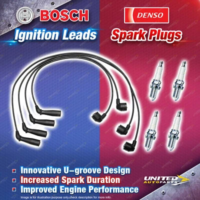 Bosch Ignition Leads + 4 Denso Iridium Power Spark Plugs for Toyota Hilux RZN147 (for: Toyota)