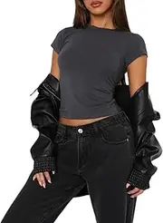 [OOHOKAY] Women's Basic T-Shirt, Classic Cut Summer Tee Shirts, Short Sleeve Crop Tops, Y2K Slim Fit Tops, Plain, Elegant T-Shirt, Grey-b, Small Short