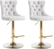 AADEN Modern Counter Bar Stools Set of 2, Swivel Counter Height Chair with Button Tufted Back and Golden Metal Base Upholstered Velvet Adjustable Barstools for Kitchen Island (Beige)