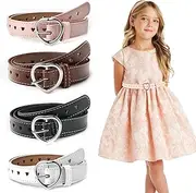 [UESDU] Pack of 4 Children's Belts, Girls, Adjustable Belt, Children's PU Elastic Belt, Heart Buckle, Waist Belt, Stretch Belt for Dresses, Jeans, Trousers, Uniform, Black, white, pink, curry, One size