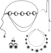 [HAPINARY] 1set Vintage Star Moon Jewelry Set Gothic Headband Earrings Retro Waist Chain for Elegant Party Decorations