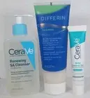 Cerave Renewing SA Cleanser 8fl.oz & Acne Control Gel 1.35fl.oz & Differin Scrub