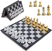 Foldable Magnetic Chess Set with Deluxe Gold and Silver Magnet Chess Pieces, 32cm x 32cm Large Folding Chessboard Checkers International Chess