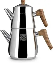 Serenk Definition Turkish Teapot Set | Stainless Steel Tea Maker | Approx. 1 Litre Pot | 2 L Kettle | Caydanlik with Bakelite Handles | All Hobs Including Induction