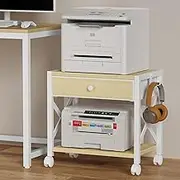EasyCom 2-Tier Desktop Printer Stand with Large Drawer, Wheels, Fabric Drawer, Under Desk Printer Table, Small Printer Shelf, Storage for Paper, Scanner, Fax, Home Office Use, Beige