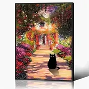 Vintage Monet Garden Cat Canvas Wall Art Famous Oil Paintings Monet Flowers Black Cat Poster Funny Floral Print Farmhouse Gallery Aesthetic Room Decor for Bedroom Bathroom 12x16in Framed