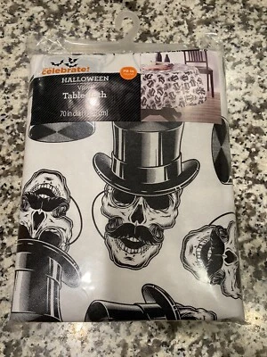 HALLOWEEN VINYL STEAMPUNK SKULL SKELETON MUSTACHE TOP HAT TUX 70" ROUND SPOOKY