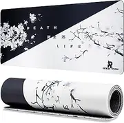 ROCK POW Large Gaming Mouse Pad XXL with Stitched Edges, Extended Gaming Mousepad, Waterproof Keyboard Pad, Anti-Slip Surface Desk Mat Black White Cherry Blossom, 31.5x11.8in (80x30cm)