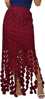 [Kissonic] Womens Hollow Out Maxi Skirt Boho Fringe Hem Elastic High Waist Summer Long Skirt