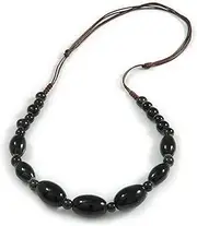 [Avalaya] Black Round/Oval Ceramic Bead Brown Silk Cords Necklace 60-70cm L/Adjustable, ceramic cords