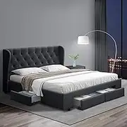 Artiss Queen Bed Frame Platform Wingback Headboard Frames Beds Base with 4 Storage Drawers Bedroom Room Decor Home Furniture, Upholstered with Charcoal Faux Linen Fabric + Foam + Wood